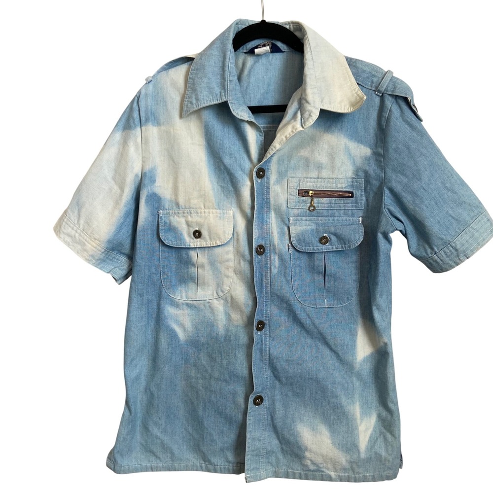 Vintage Levi's 70s Men's Bleached‎ Denim Button Up Short Sleeve Shirt Large